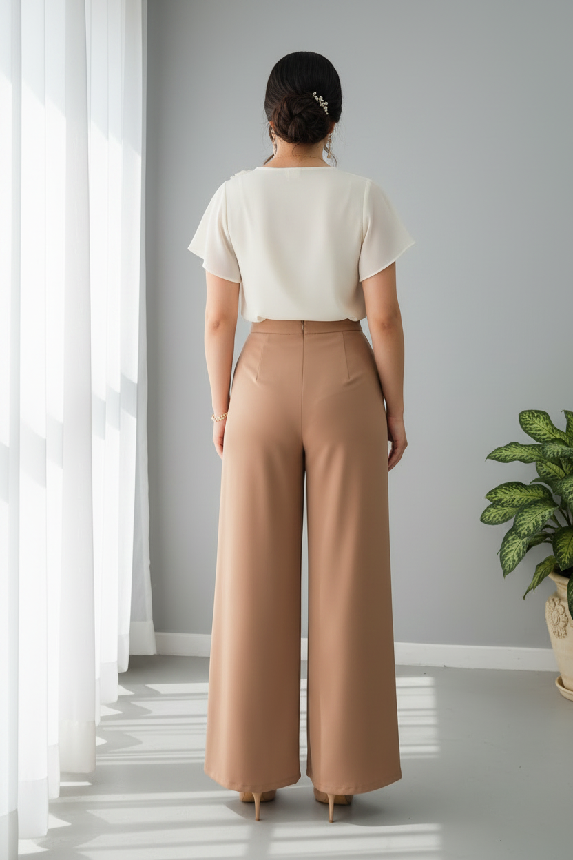 Conjunto Dos Piezas Top Wrap Crema Flor 3D Pantalon Palazzo Camel Wide Leg cod.843