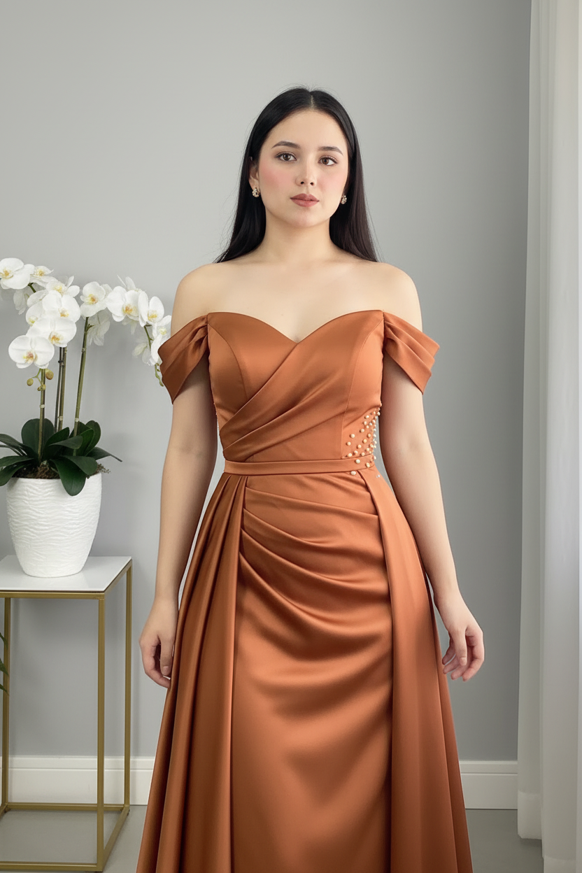 Vestido Terracota Cobre Off-Shoulder Satén Drapeado Perlas Cola Asimétrica cod.V0067
