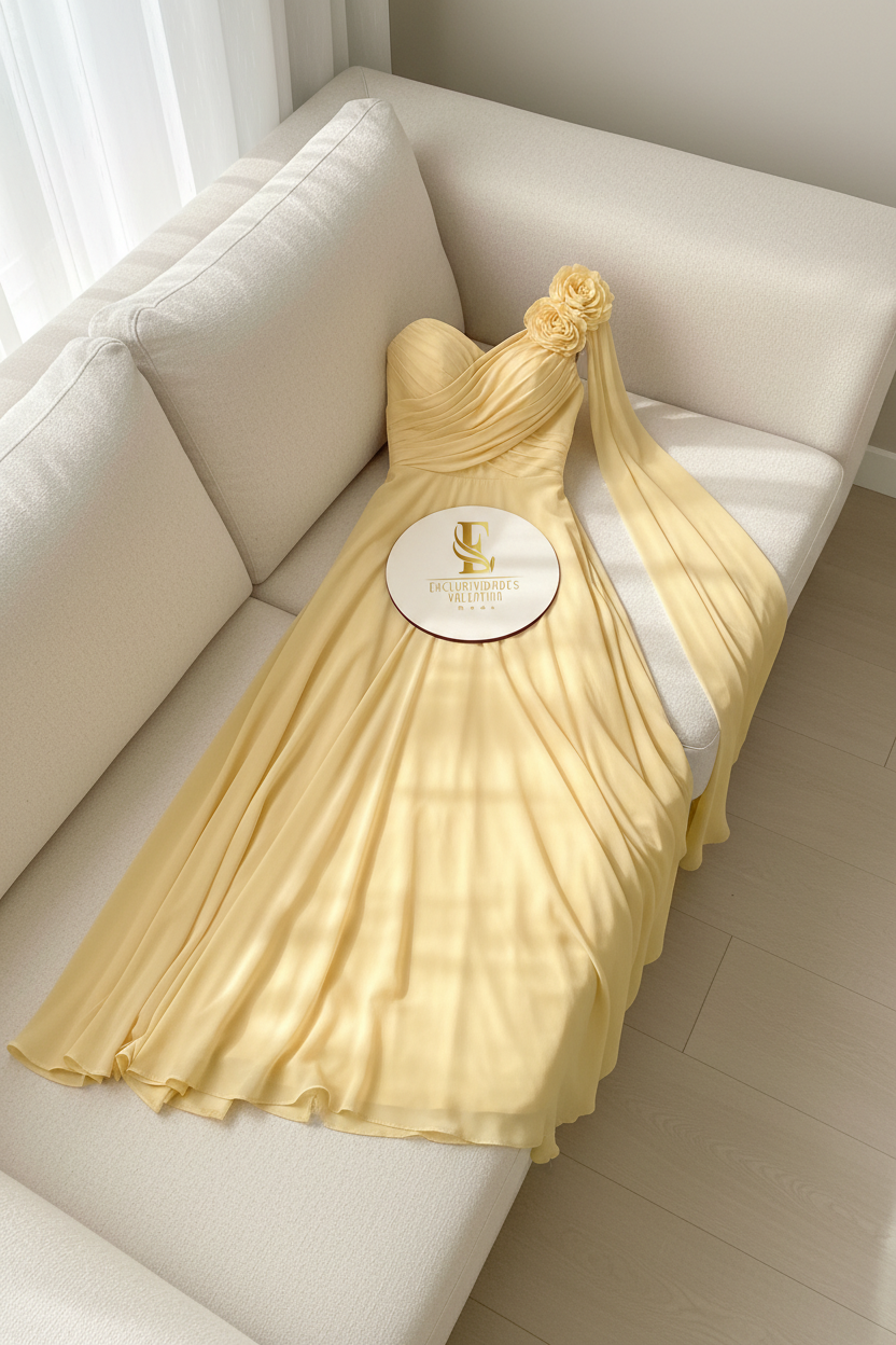 Vestido Amarillo Pastel One-Shoulder Chifón con Flor y Capa Drapeada cod.0080