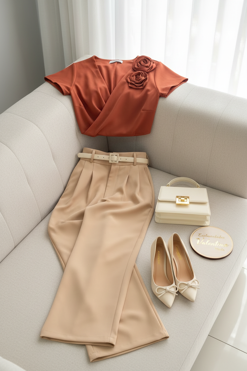 Conjunto 2 Piezas Top Terracota Rosa 3D y Palazzo Beige cod.00135