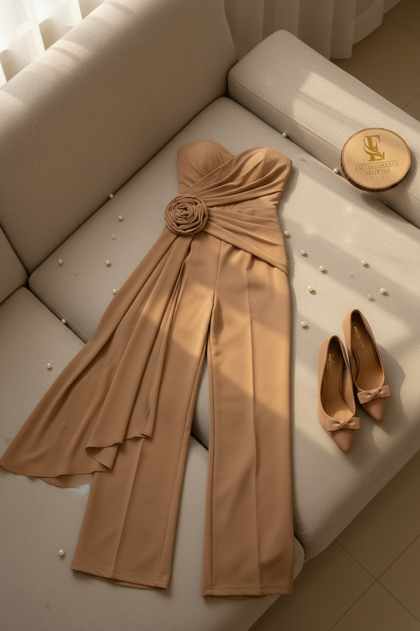 Conjunto Dos Piezas Camel Strapless Drapeado con Rosa 3D y Pantalón Palazzo cod.538