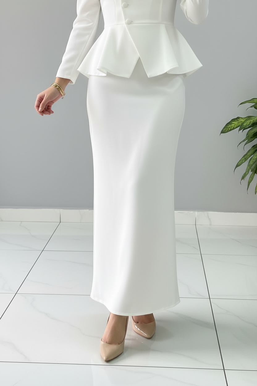 Conjunto Elegante Blanco Blazer Peplum con Falda Maxi cod.506