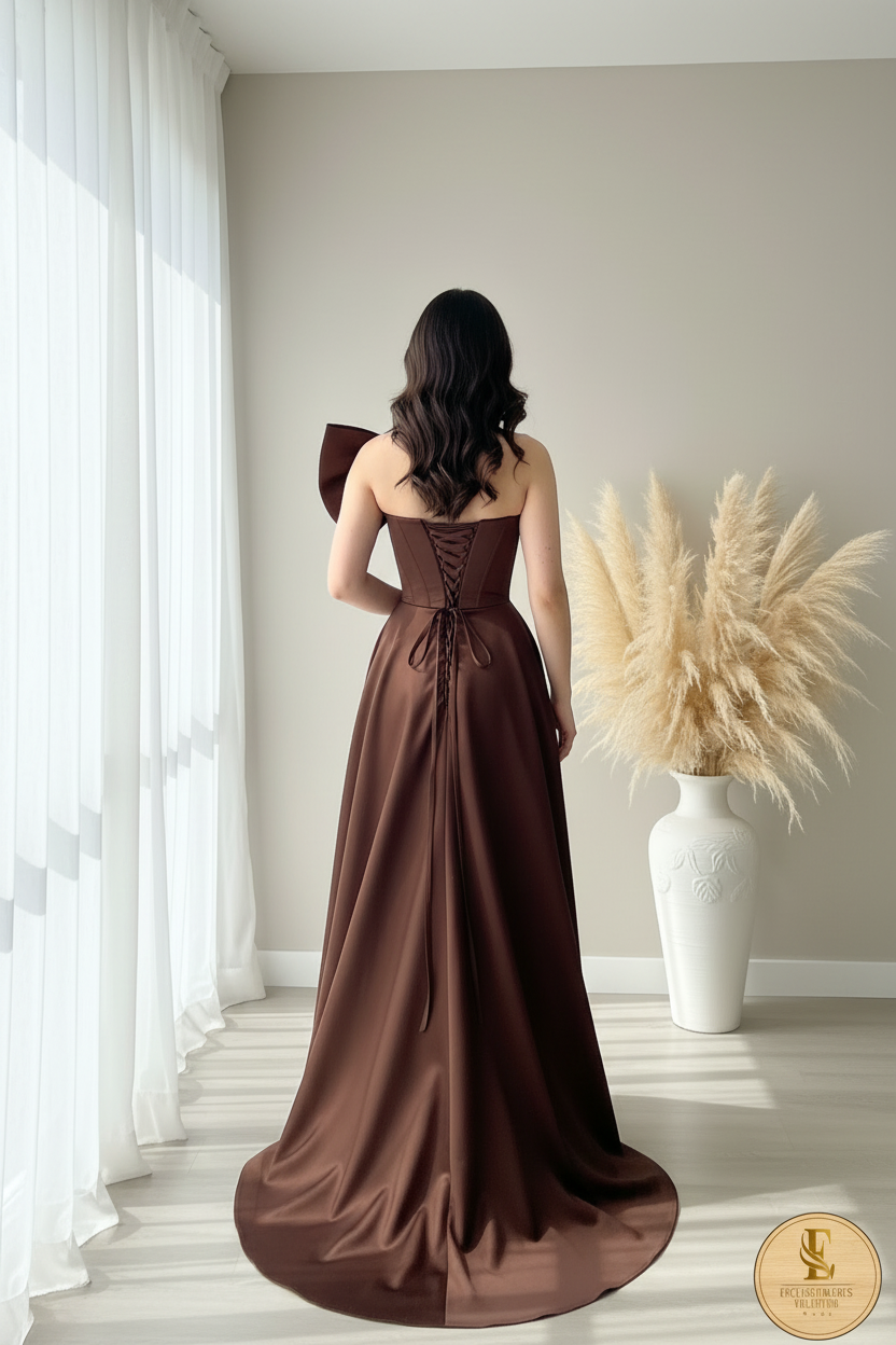 Vestido Chocolate Satén Moño Corsé High-Low cod.0098