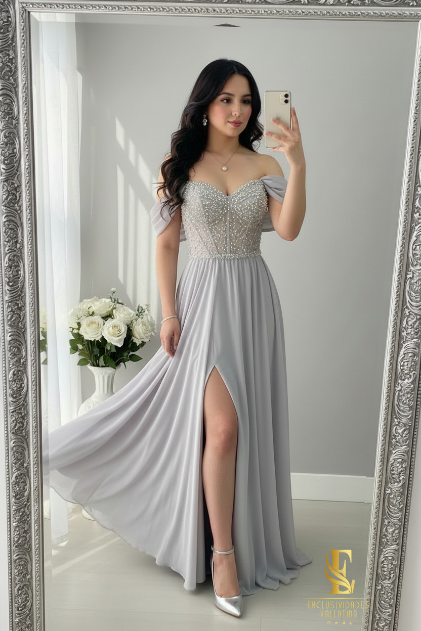 Gown Plata Corset Cristales cod.V736