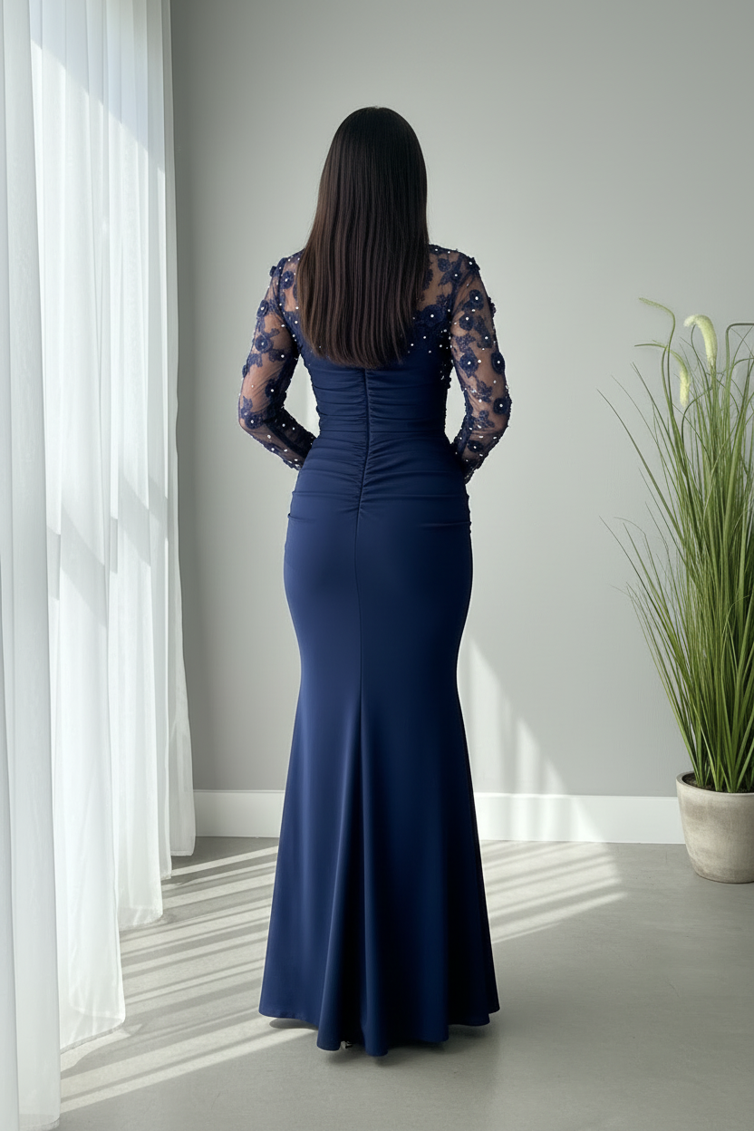 Vestido Azul Marino Sirena Manga Larga Tul Flores 3D Perlas cod.V687