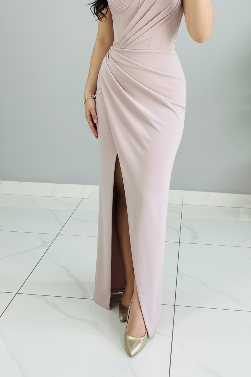 Vestido Formal Blush Rosa Palo Escote V con Drapeado Diagonal y Abertura Frontal cod.559