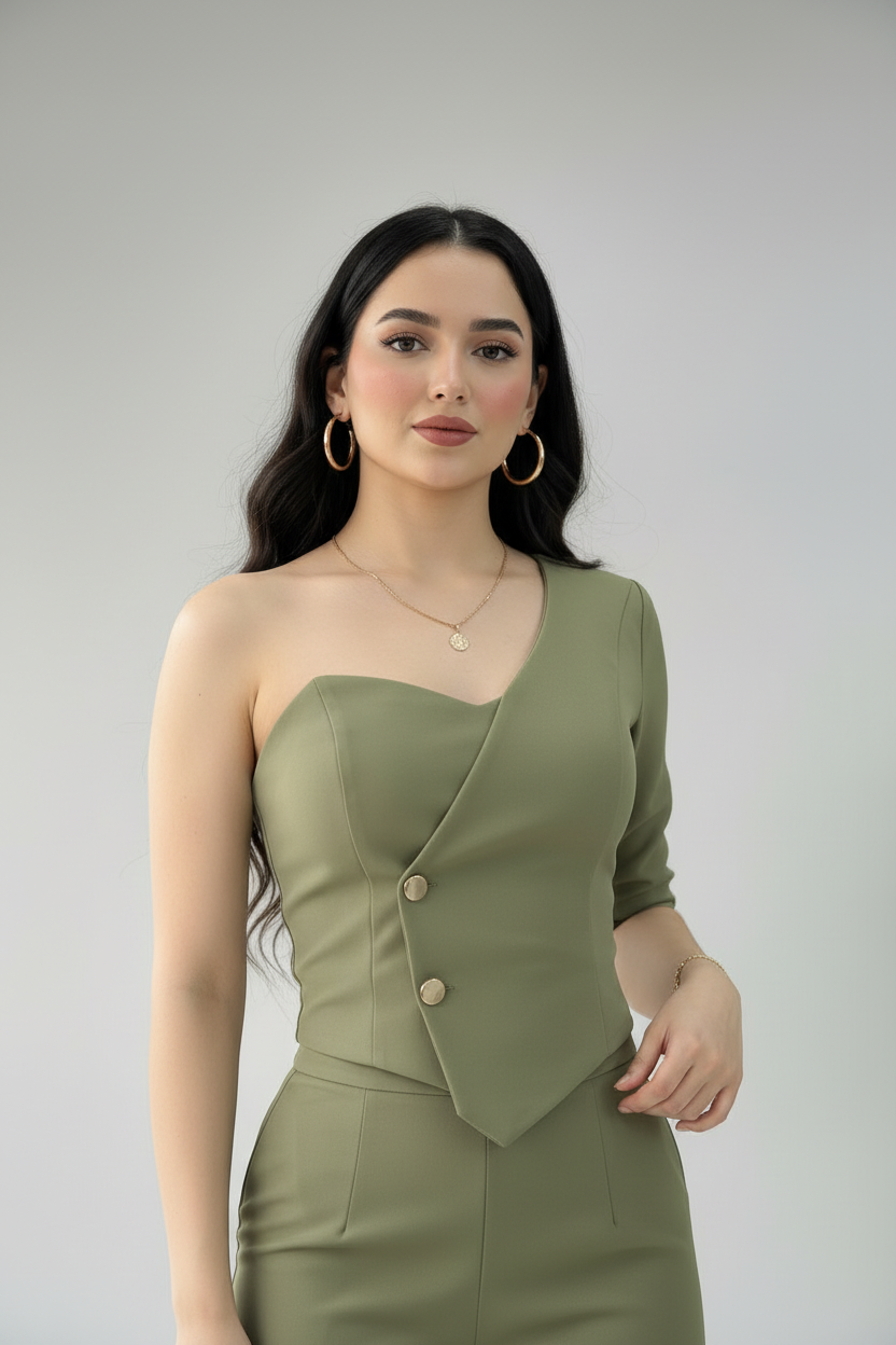 Conjunto Olive Chic – Top Asimétrico Un Hombro & Pantalón Palazzo cod.667