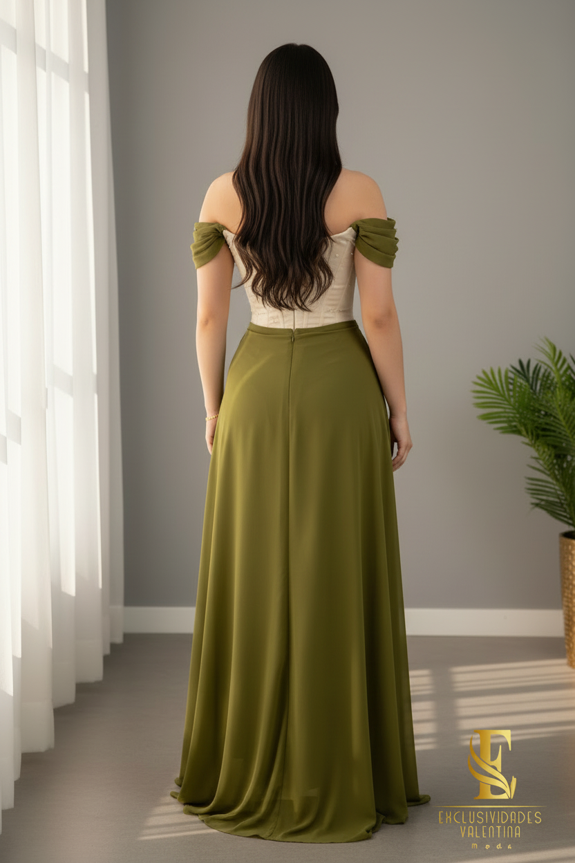 Vestido Verde Oliva Off-Shoulder con Corsé Crema y Abertura cod.V672