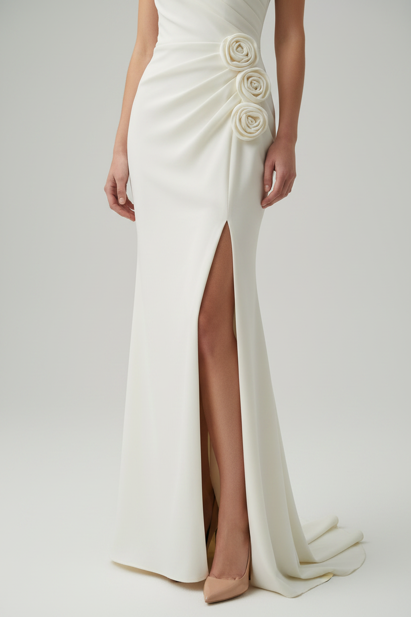 Vestido Crema Un Hombro Rosas 3D cod.V309