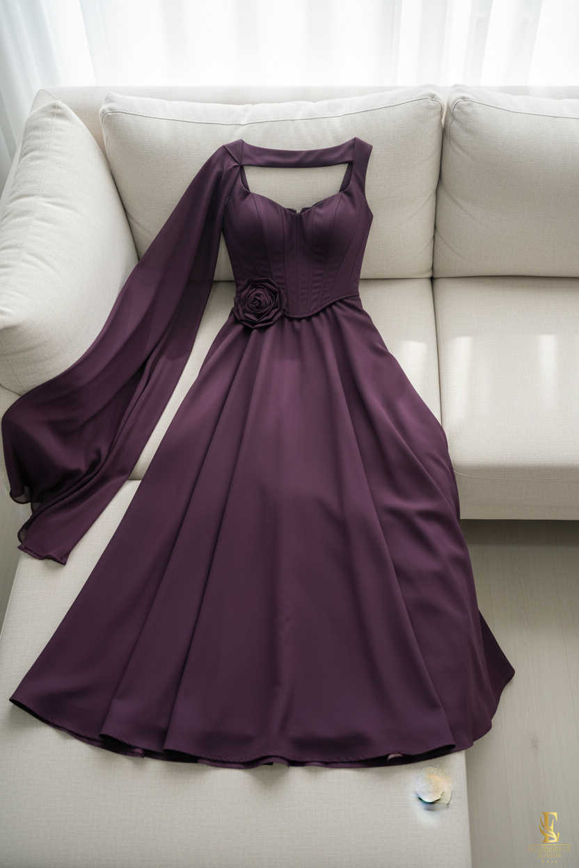 Vestido Morado Ciruela Falda Amplia con Capa cod.715