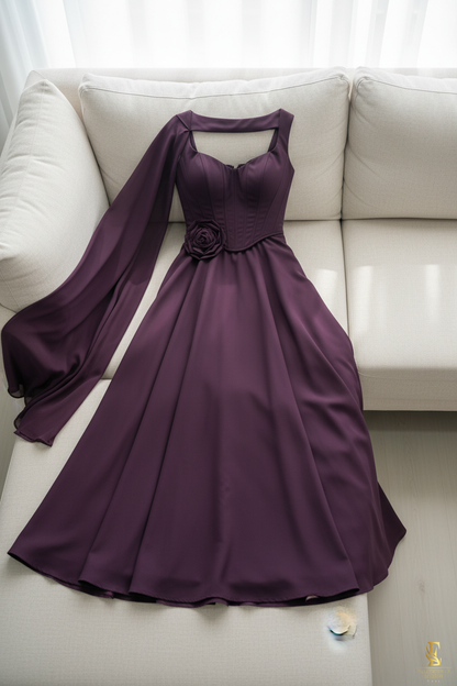 Vestido Morado Ciruela Falda Amplia con Capa cod.715
