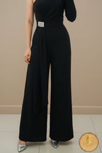 Enterizo Negro One-Shoulder Palazzo Hebilla Cristales Cierre Invisible cod.00105