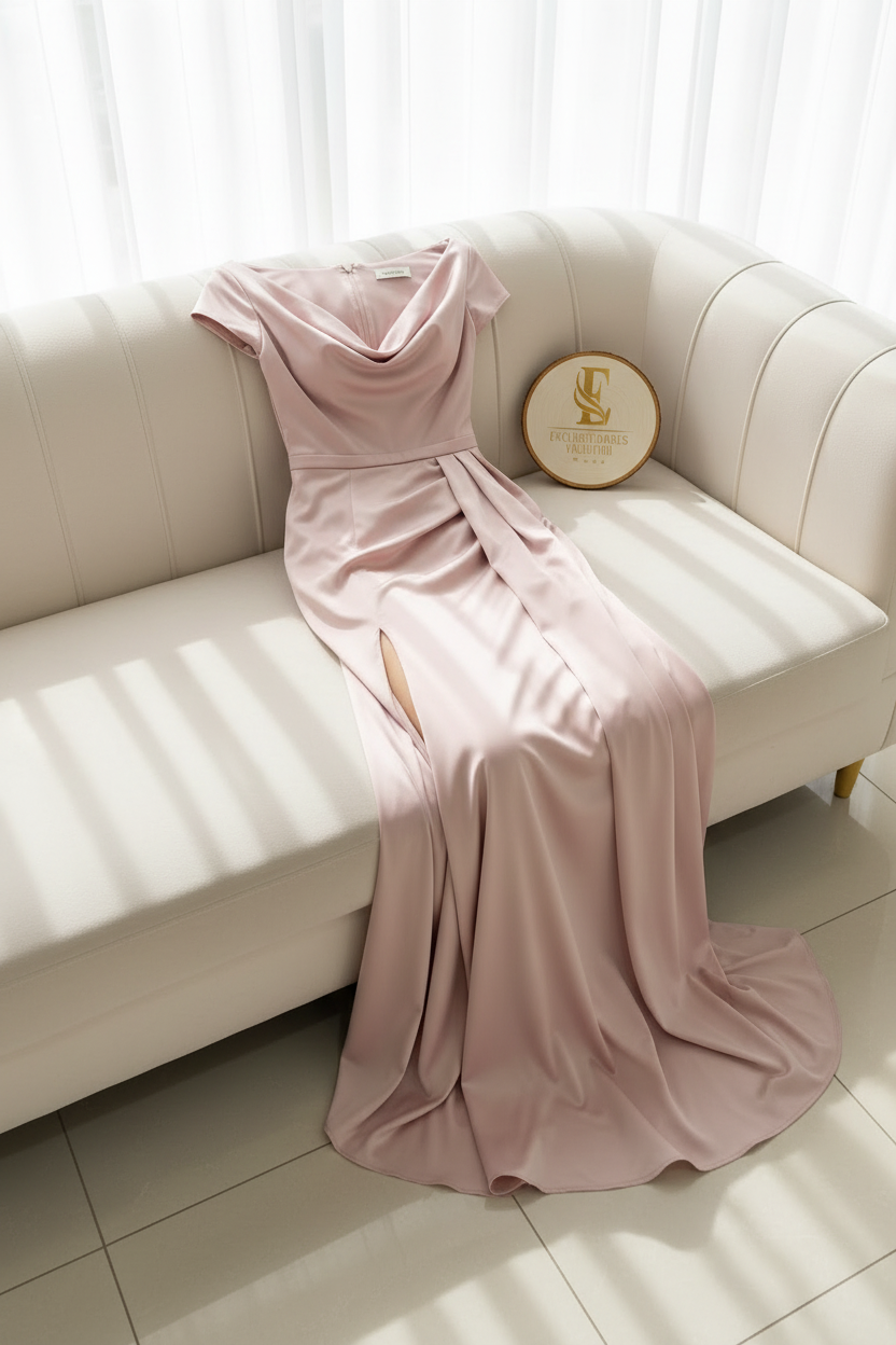 Vestido Rosa Palo Cowl Neck Drapeado Abertura cod.V