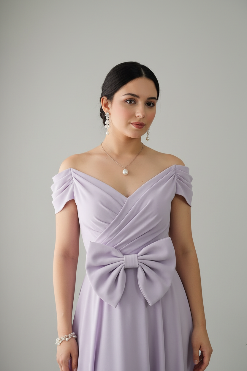 Vestido Lila — Hombros Descubiertos & Lazo cod.854