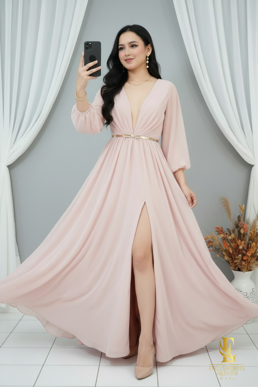 Vestido Rosa Palo Blush Largo Manga Globo Escote V Profundo Cinturón Dorado cod.V301