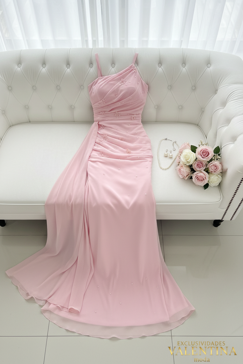 Vestido Largo Rosa Palo Chiffon Perlas Drapeado cod.V718