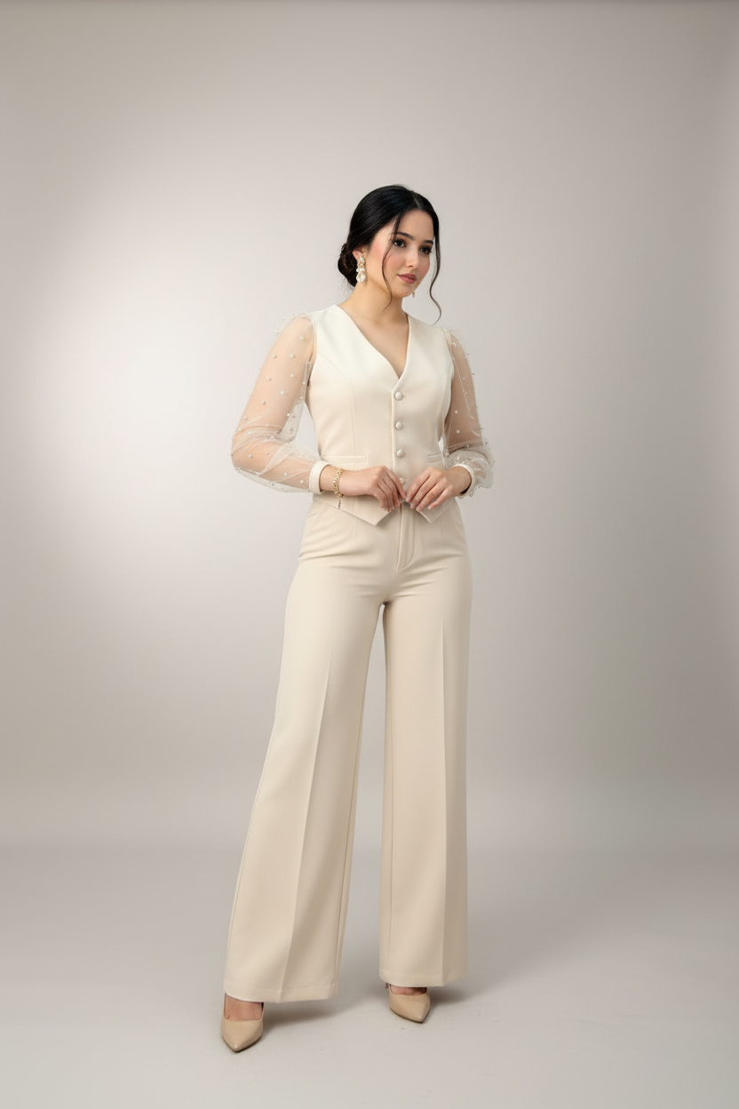 Conjunto Tres Piezas Crema — Tul con Perlas, Chaleco & Palazzo cod.873