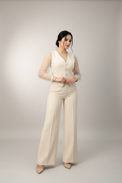 Conjunto Tres Piezas Crema — Tul con Perlas, Chaleco & Palazzo cod.873