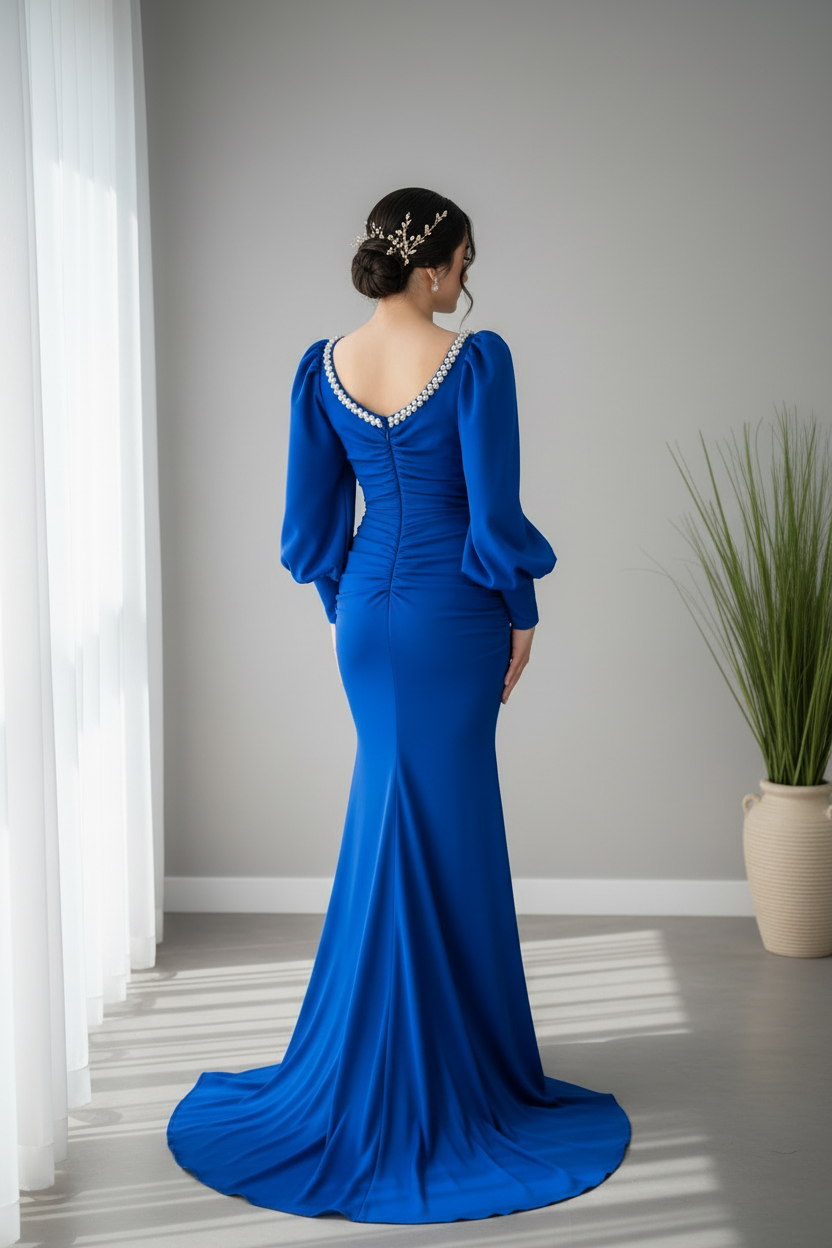 Vestido Azul Royal Manga Larga Cuello Perlas cod.0018