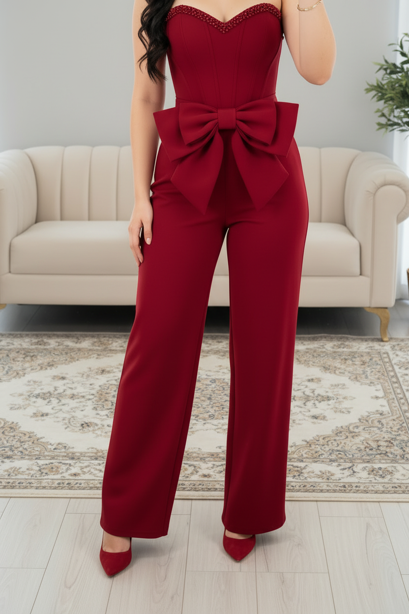 Enterizo Rojo Vino Strapless Corset con Moño y Pantalón Wide-Leg cod.E601