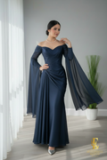 Vestido Azul Marino Off-Shoulder con Mangas Campana cod.V667
