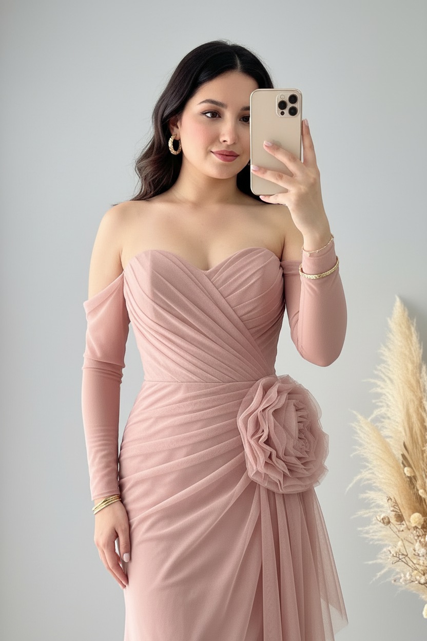 Vestido Rosa Palo Off-Shoulder con Rosa D V362