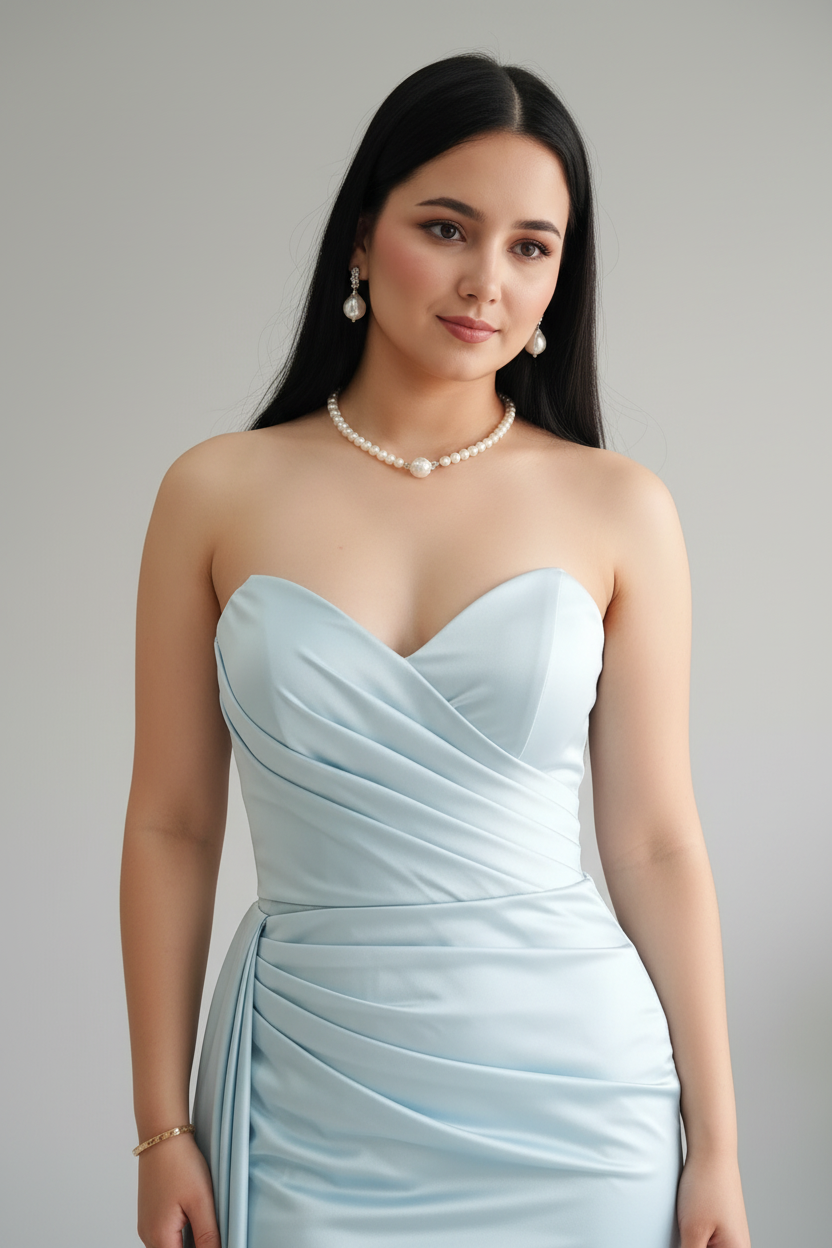 Vestido Celeste Sirena – Gown Azul Cielo Strapless con Cola cod.672