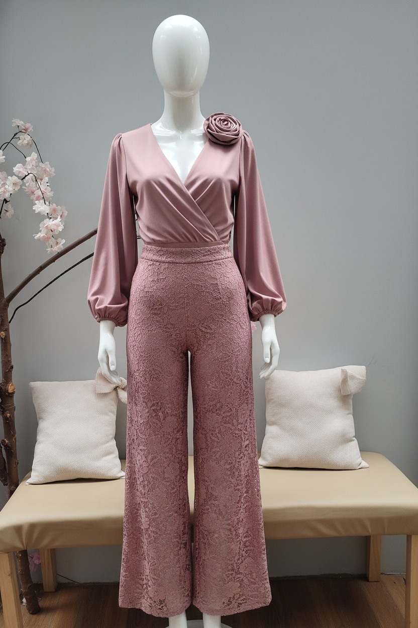 Conjunto Rosa Palo Top Cruzado Manga Globo Rosa 3D Palazzo Encaje C321