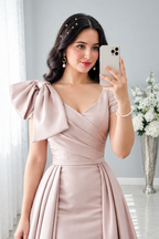 Vestido Blush Satén Escote V Cruzado Lazo Hombro Ball Gown Cola cod.V0044