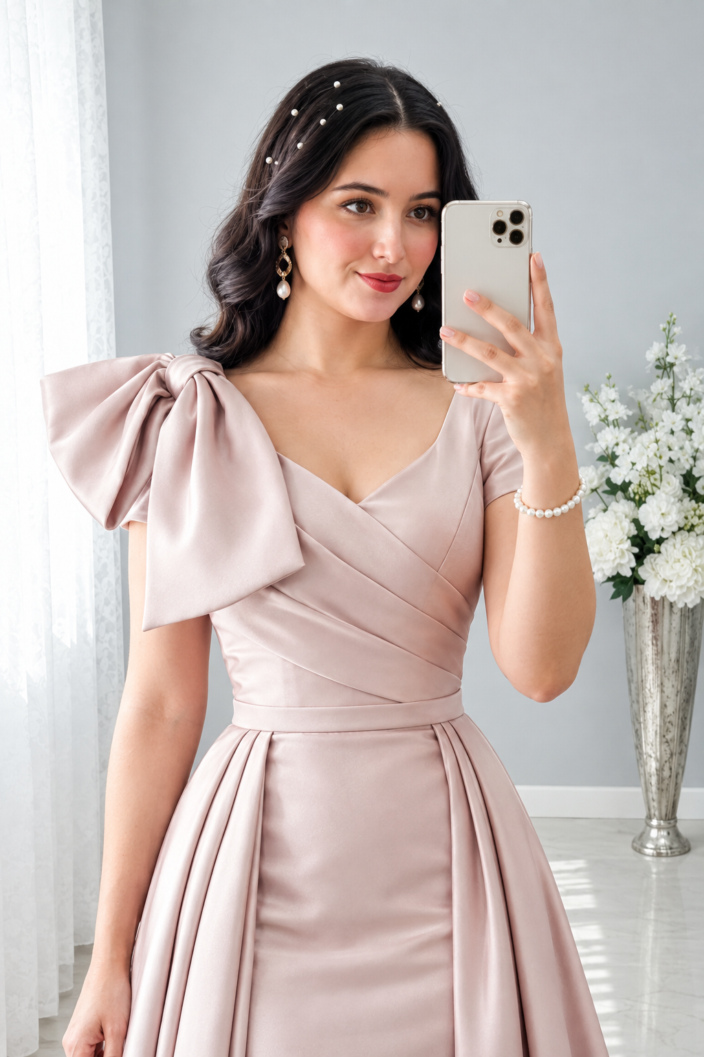 Vestido Blush Satén Escote V Cruzado Lazo Hombro Ball Gown Cola cod.V0044