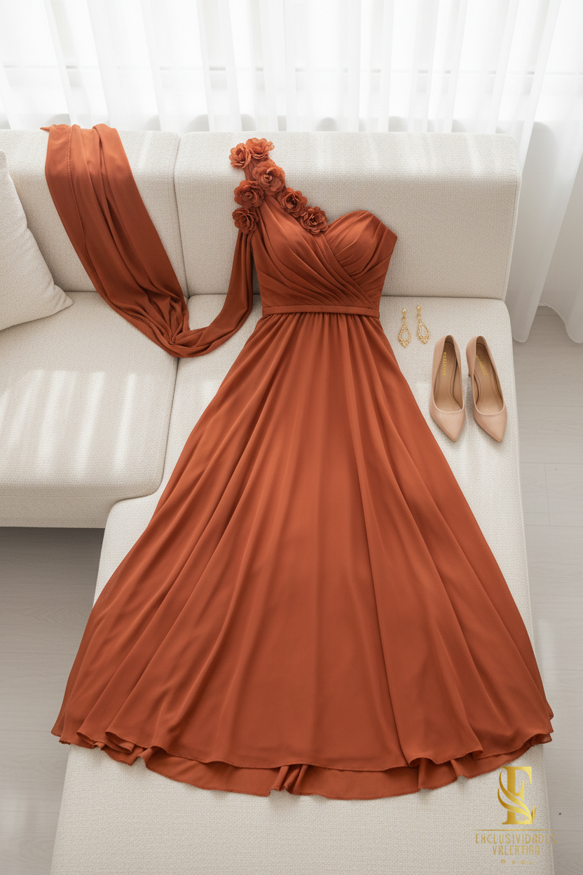 Vestido Terracota Largo Un Hombro Rosas 3D Falda Evasé cod.V298