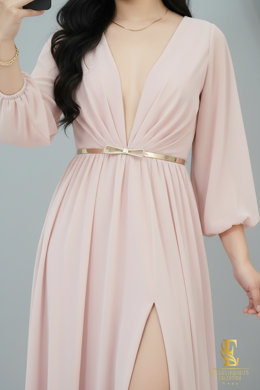 Vestido Rosa Palo Blush Largo Manga Globo Escote V Profundo Cinturón Dorado cod.V301