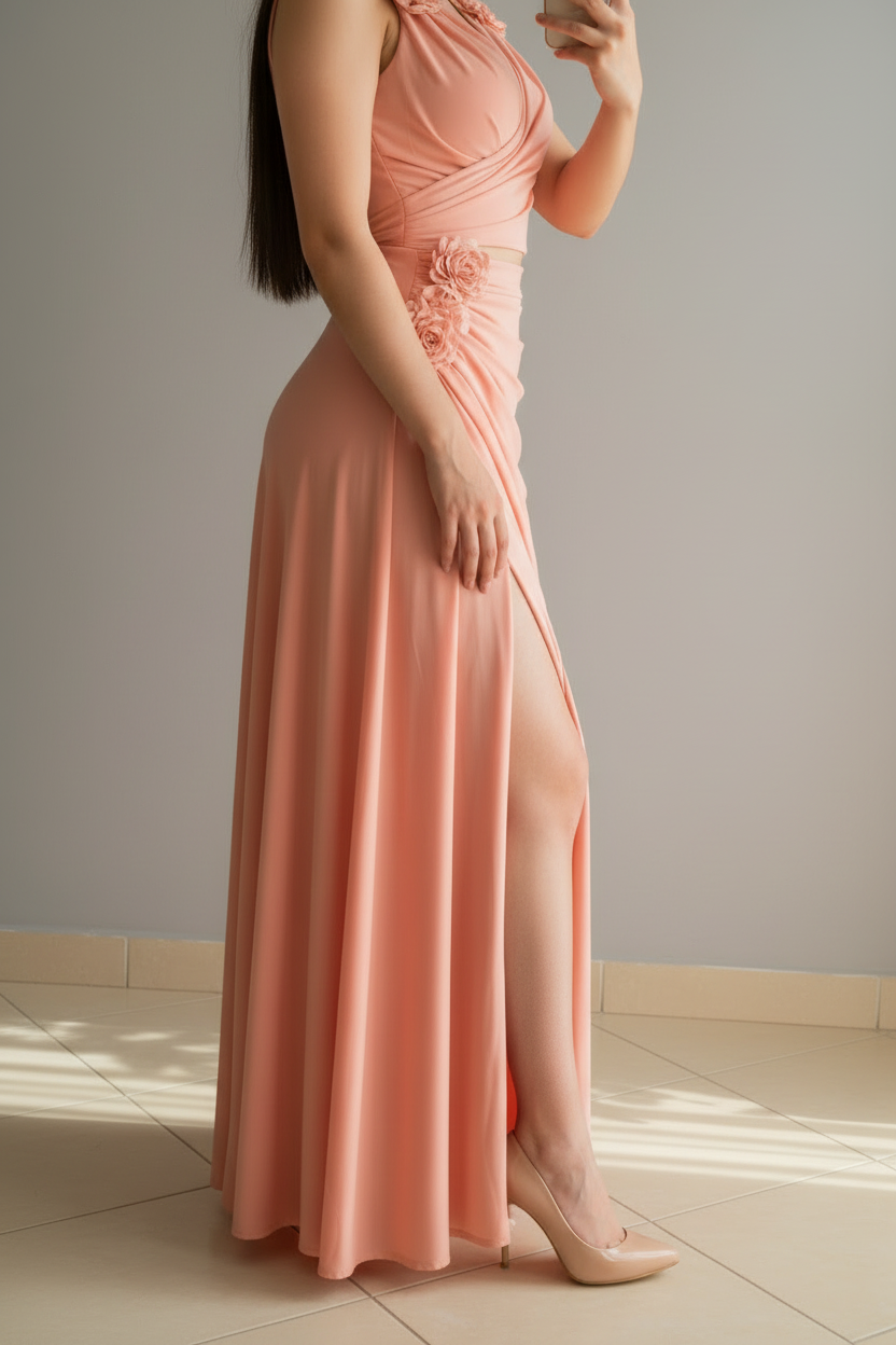 Vestido Salmon Rose – Gown Salmón con Rosas 3D & Abertura cod.681