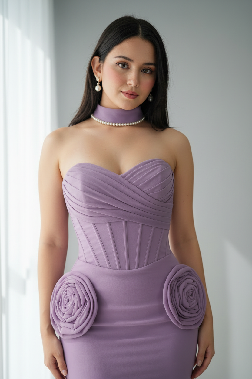 Vestido Lila Strapless Corset Rosas 3D Sirena Cola cod.V698