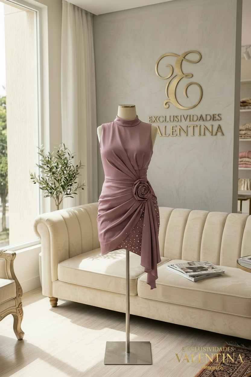 Vestido Corto Malva Sin Mangas Rosa 3D y Perlas cod.V719