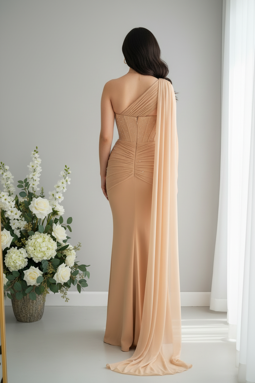 Vestido Champagne Dorado Un Hombro Perlas Capa Drapeada Abertura cod.V0037