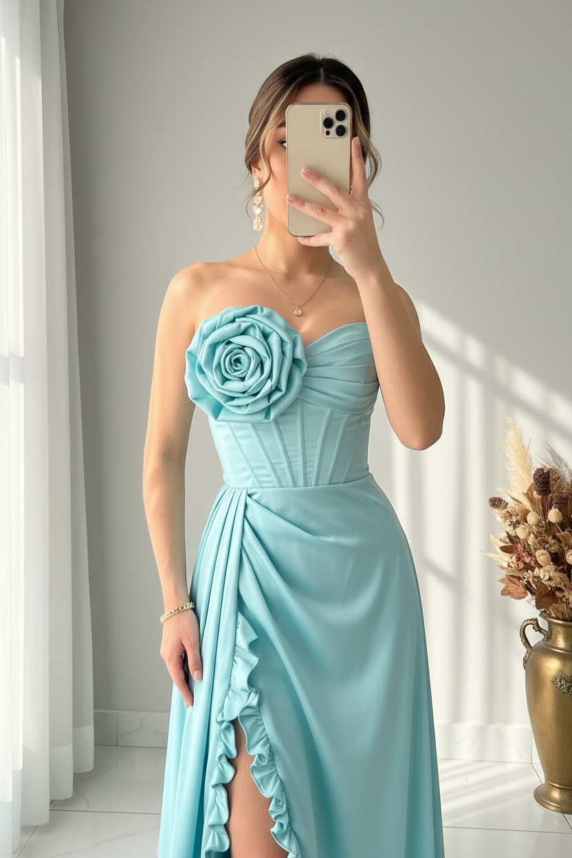 Vestido Azul Celeste Strapless Corset Rosa 3D Volantes Slit Gala cod.V592