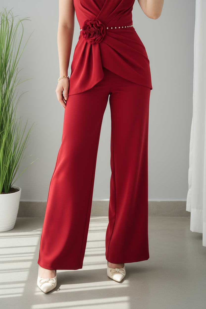 Enterizo Rojo — Escote V con Lazo y Rosa D cod.E623