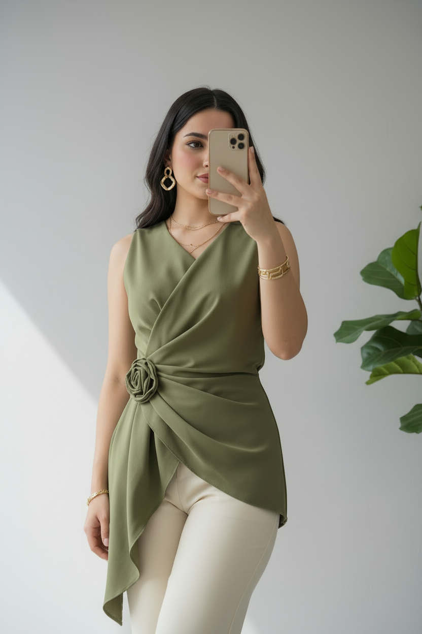 Blusa Verde Oliva Drapeada Asimétrica con Rosa D cod.651