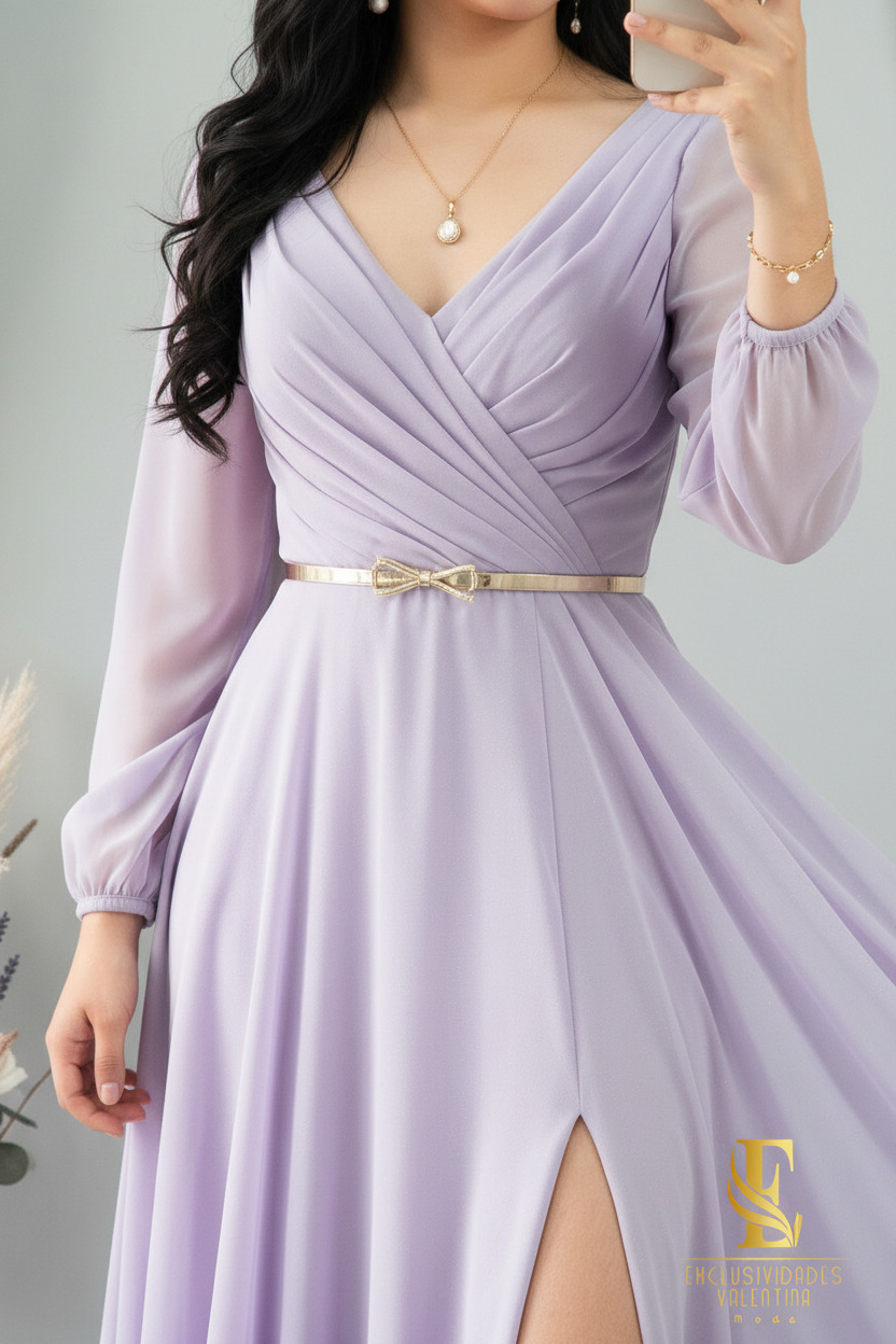 Vestido Lila Lavanda Largo Manga Globo Escote V con Cinturón Lazo Dorado cod.V299