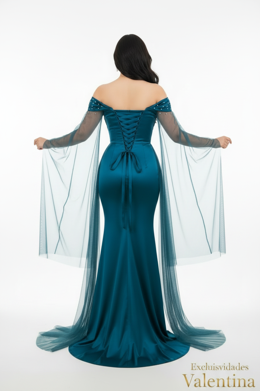 Vestido Petróleo · Sirena Mangas Tul cod.V270