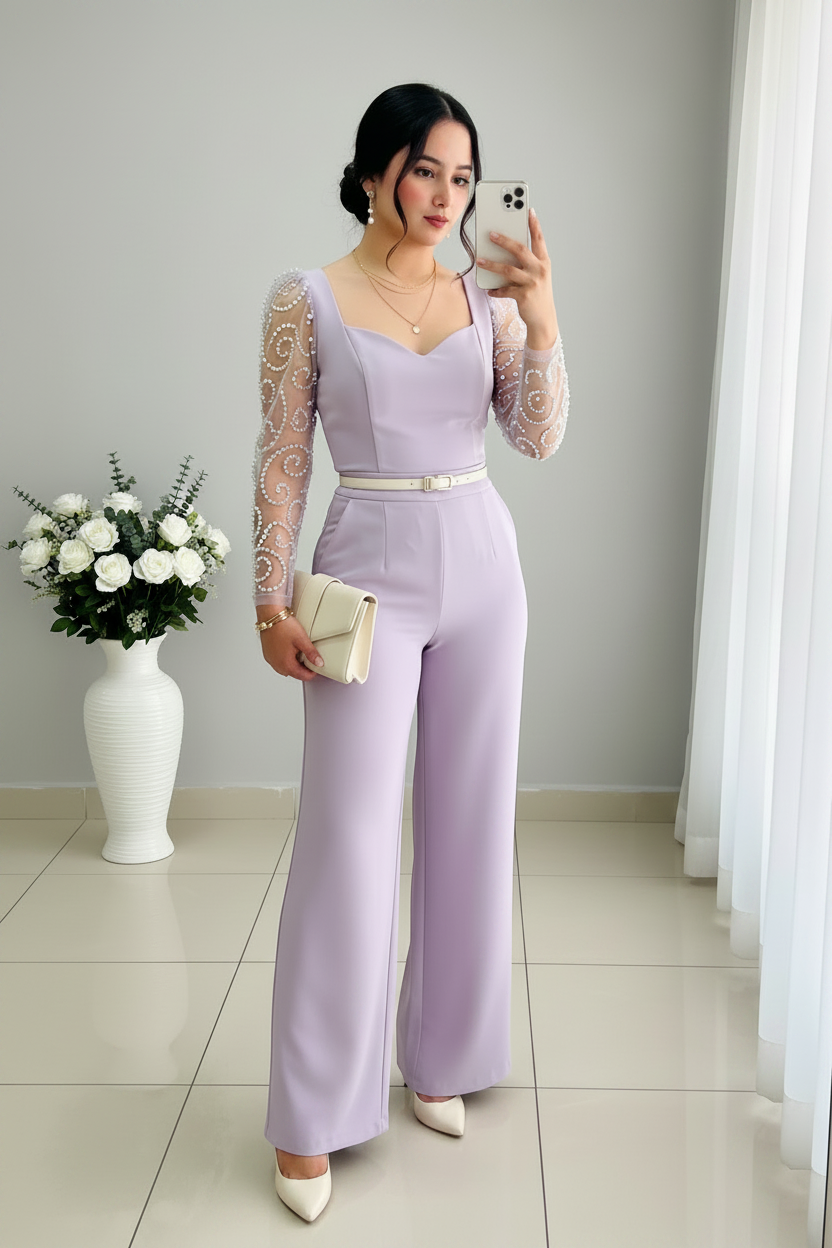 Enterizo Lavanda Mangas de Tul con Perlas cod.E545