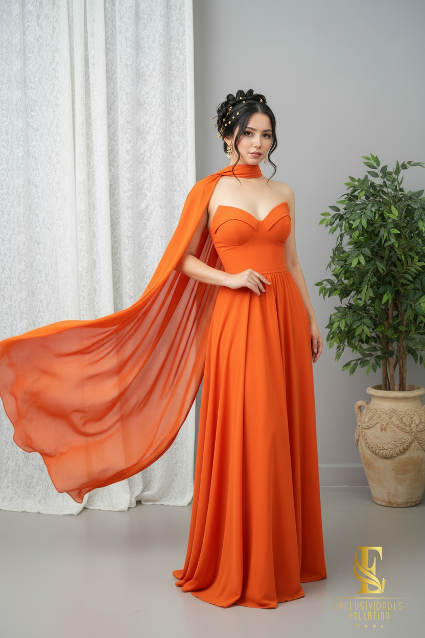 Vestido Naranja Terracota Strapless con Tira al Cuello y Abertura Alta cod.0076