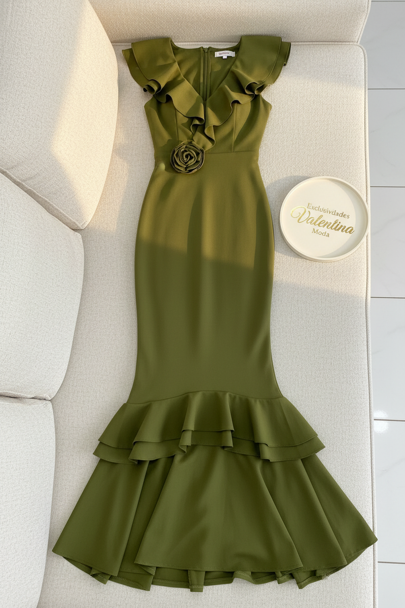 Vestido Verde Oliva Sirena con Volantes y Rosa 3D cod.648