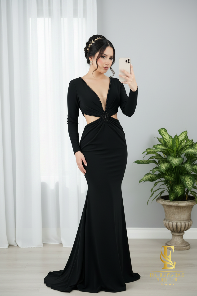 Vestido Negro Perlas Manga Larga cod.998