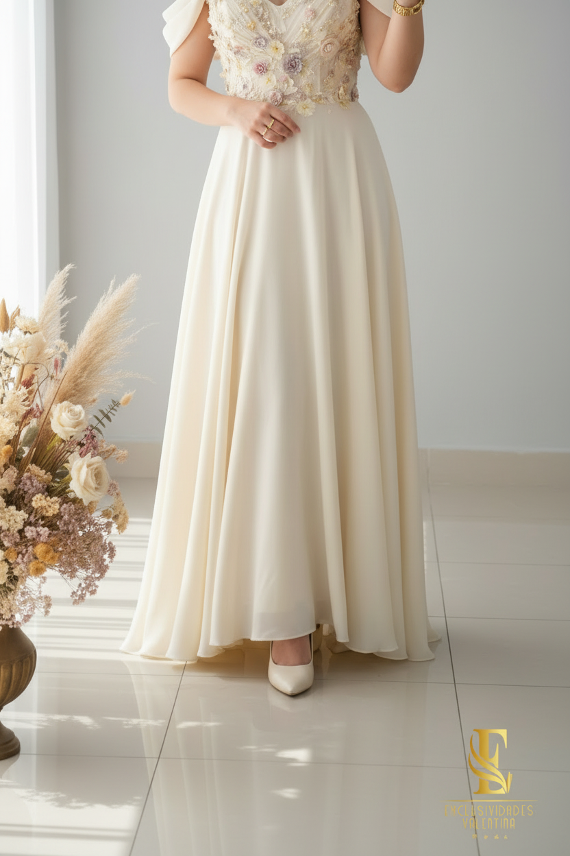 Vestido Ivory Off Shoulder Bordado Floral 3D cod.V397