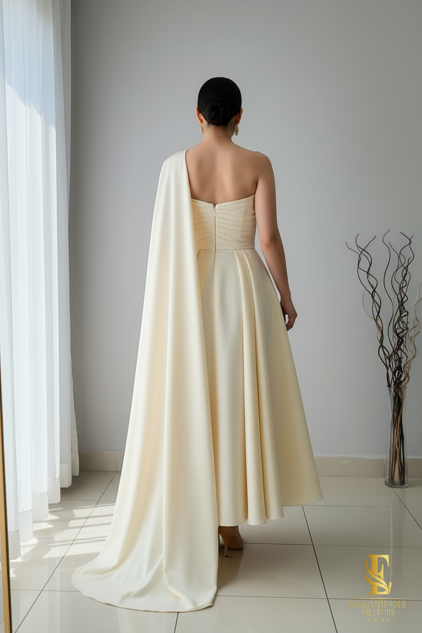 Vestido Crema Un Hombro Rosa cod.V330