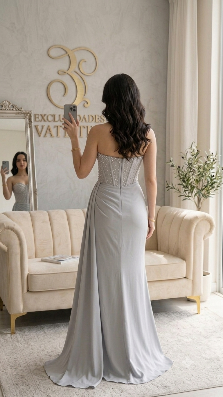 Vestido Gris Plata Corset Sweetheart Perlas Drapeado Abertura cod.V572
