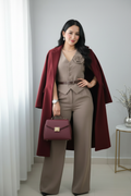 Conjunto 2 Piezas Taupe Chaleco Rosa 3D y Pantalón Wide Leg cod.C558