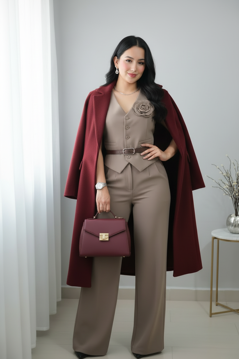 Conjunto 2 Piezas Taupe Chaleco Rosa 3D y Pantalón Wide Leg cod.C558
